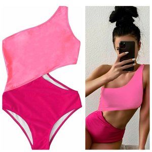 One Shoulder Cut Out Padded Bright Pink Swim Suit